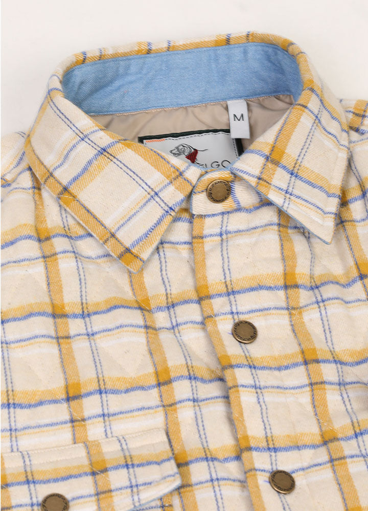 Men's quilt lined plaid jacket with snap button design, showcasing a stylish and warm outerwear option for men.