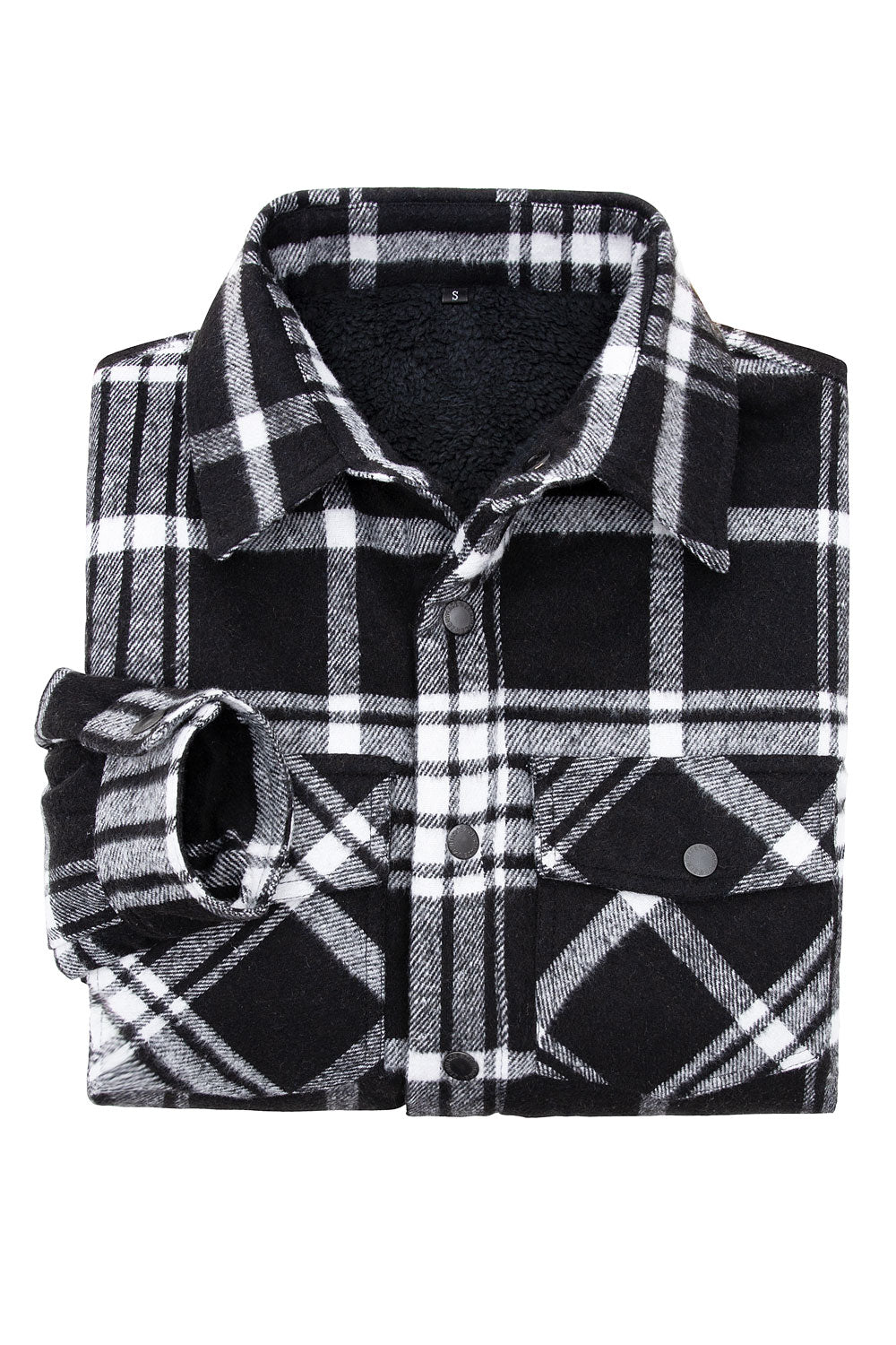 Men's Sherpa Lined Thick Flannel Shirt Jacket in plaid pattern, featuring snap buttons and utility pockets, perfect for winter wear.