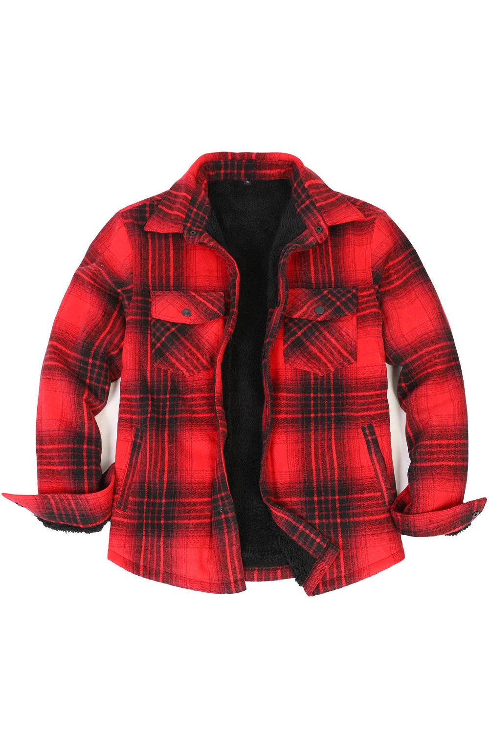 Men's Sherpa Lined Thick Flannel Shirt Jacket in plaid pattern, featuring snap buttons and utility pockets, perfect for winter wear.