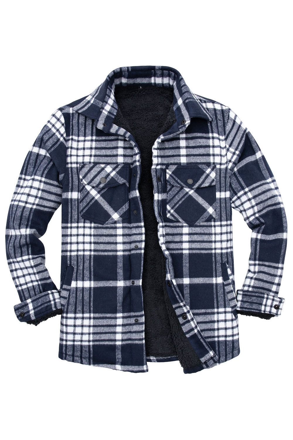 Men's Sherpa Lined Thick Flannel Shirt Jacket in plaid pattern, featuring snap buttons and utility pockets, perfect for winter wear.