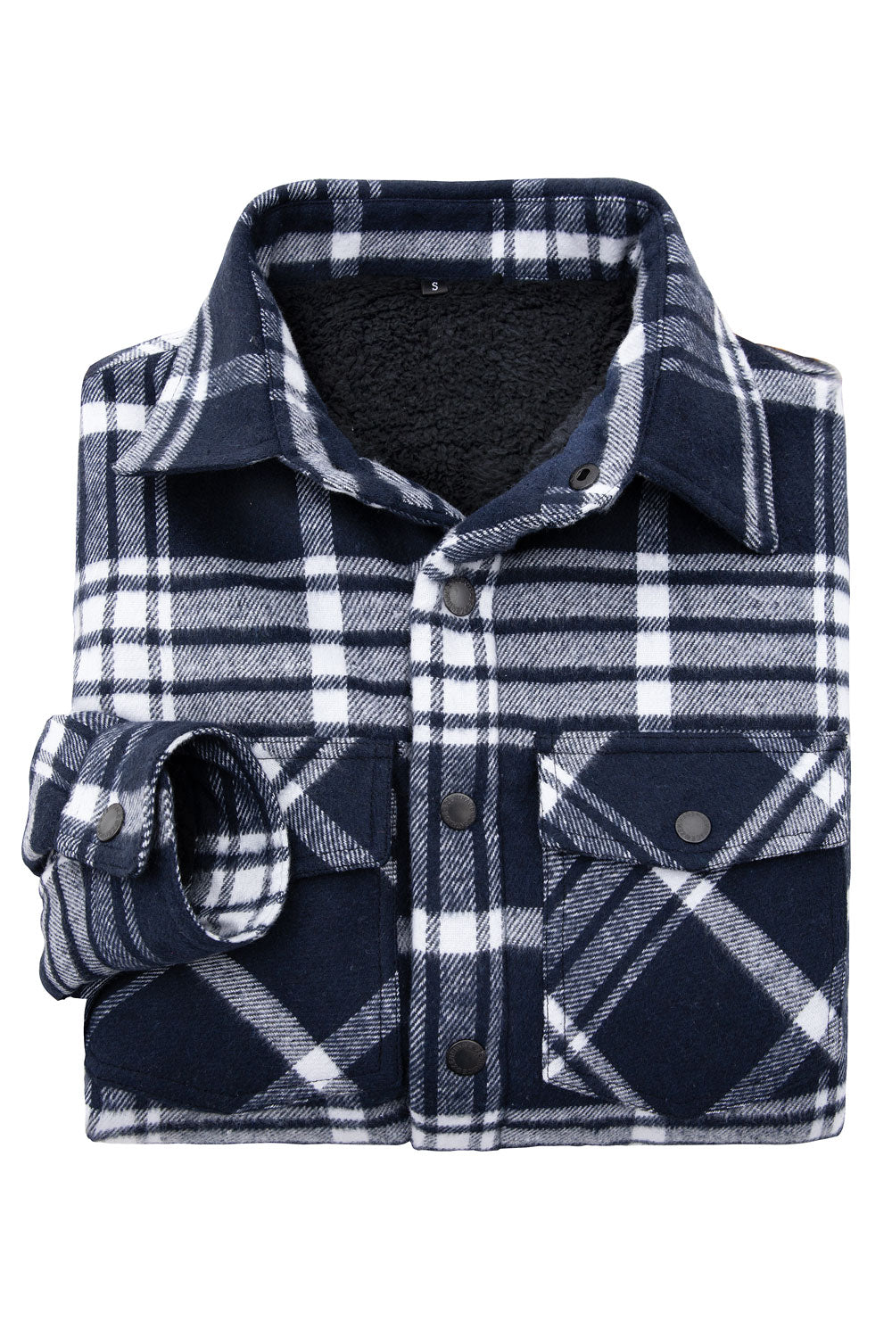 Men's Sherpa Lined Thick Flannel Shirt Jacket in plaid pattern, featuring snap buttons and utility pockets, perfect for winter wear.