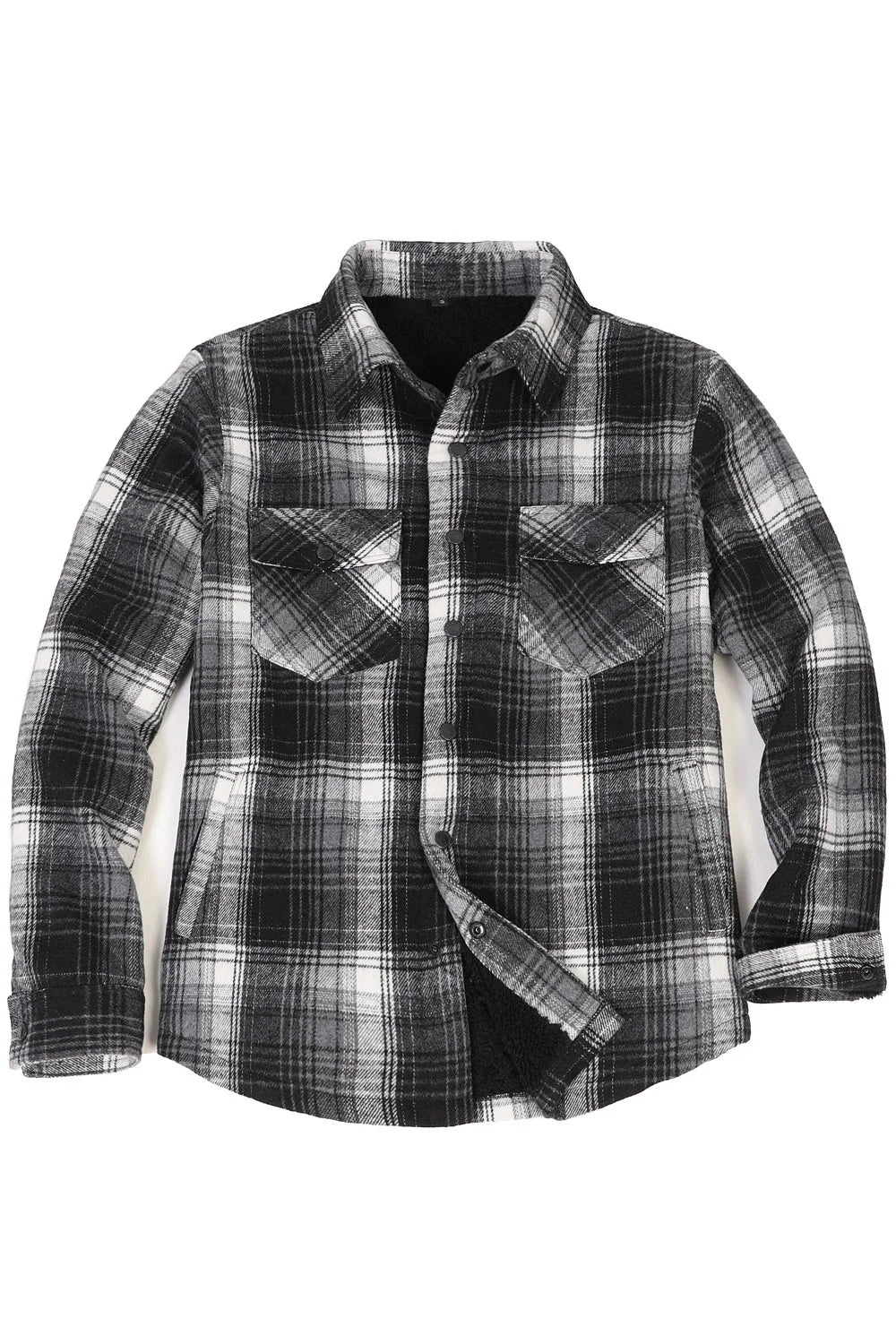 Men's Sherpa Lined Thick Flannel Shirt Jacket in plaid pattern, featuring snap buttons and utility pockets, perfect for winter wear.