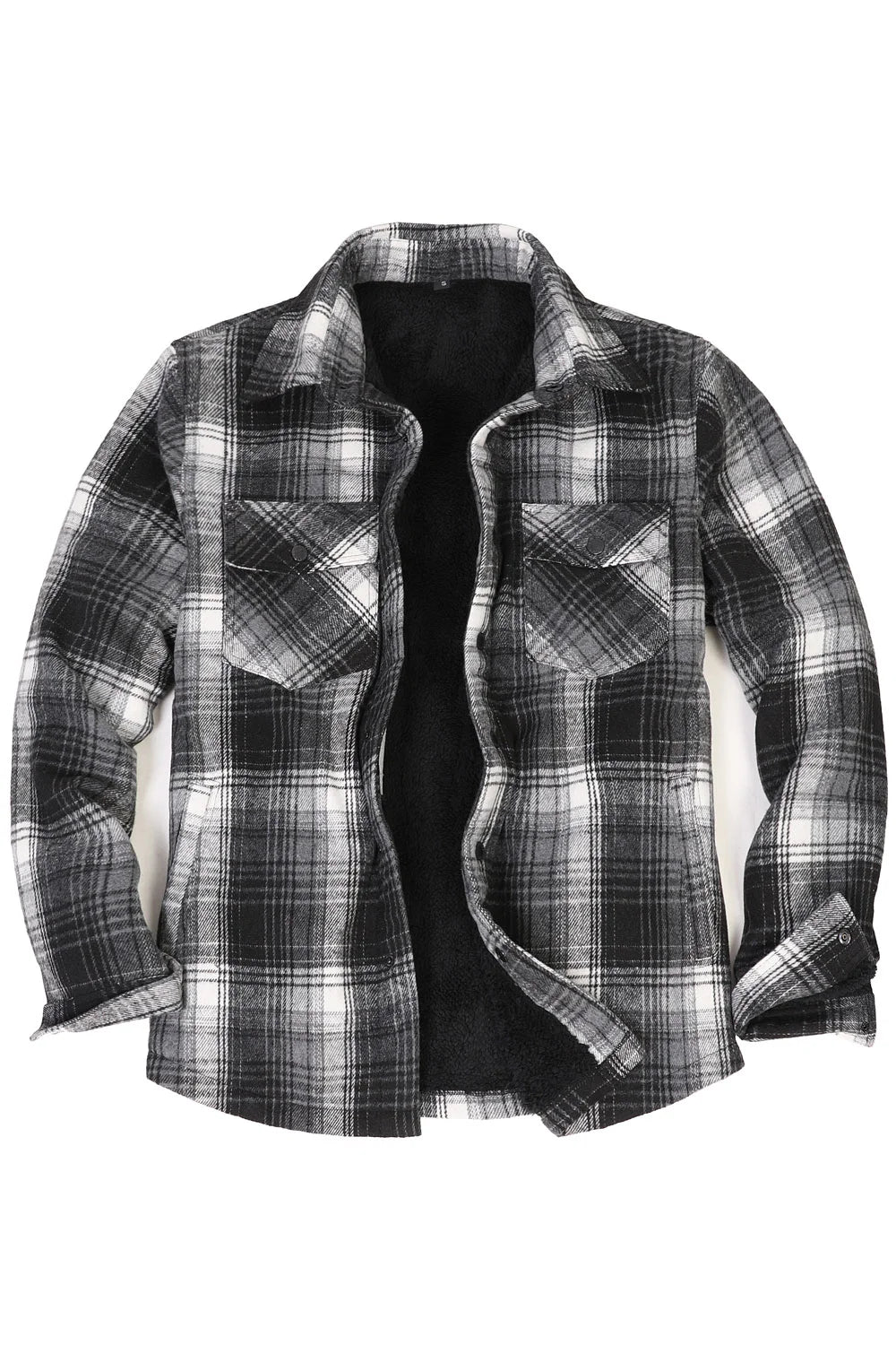 Men's Sherpa Lined Thick Flannel Shirt Jacket in plaid pattern, featuring snap buttons and utility pockets, perfect for winter wear.