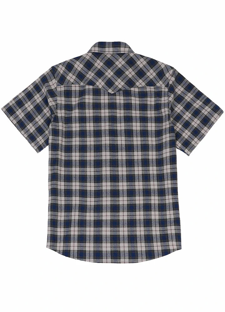 Men's Snap Button Short-Sleeve Western shirt featuring plaid design, pearl buttons, and two chest pockets.