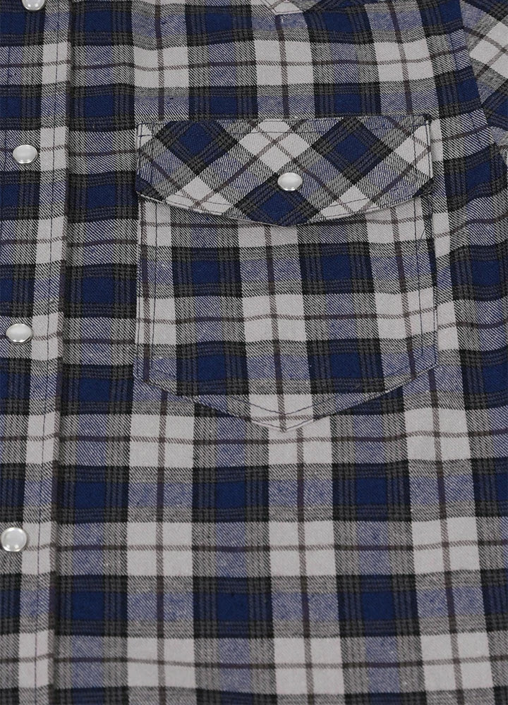 Men's Snap Button Short-Sleeve Western shirt featuring plaid design, pearl buttons, and two chest pockets.