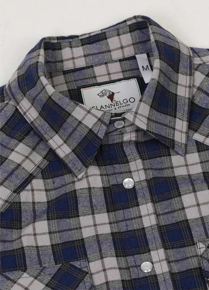 Men's Snap Button Short-Sleeve Western shirt featuring plaid design, pearl buttons, and two chest pockets.