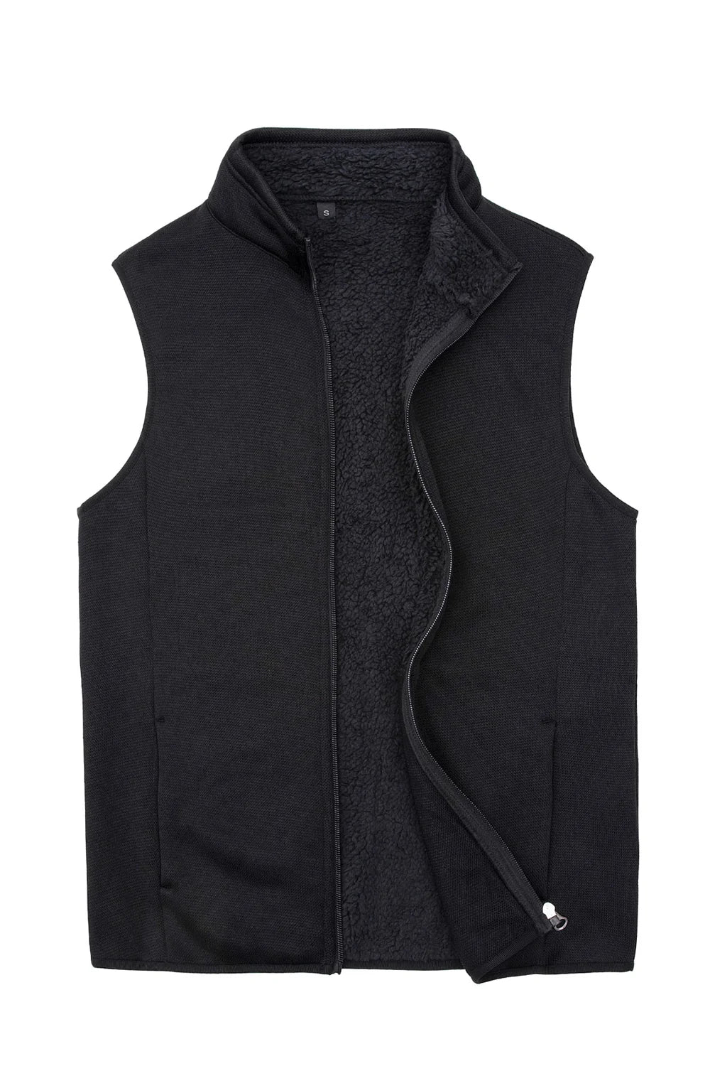 Men's sweater fleece vest with sherpa lining, full-zip closure, and stand-up collar, perfect for winter wear.