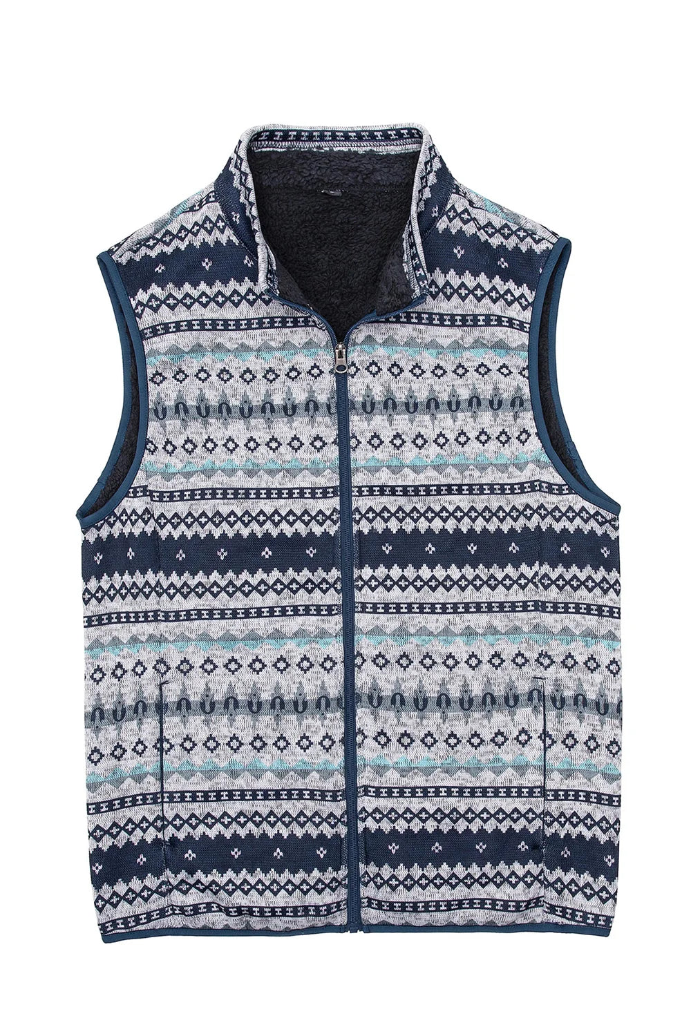 Men's sweater fleece vest with sherpa lining, full-zip closure, and stand-up collar, perfect for winter wear.