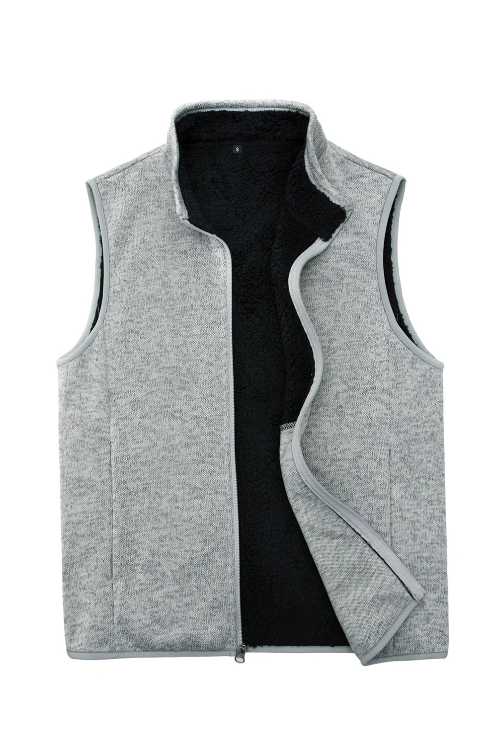 Men's sweater fleece vest with sherpa lining, full-zip closure, and stand-up collar, perfect for winter wear.