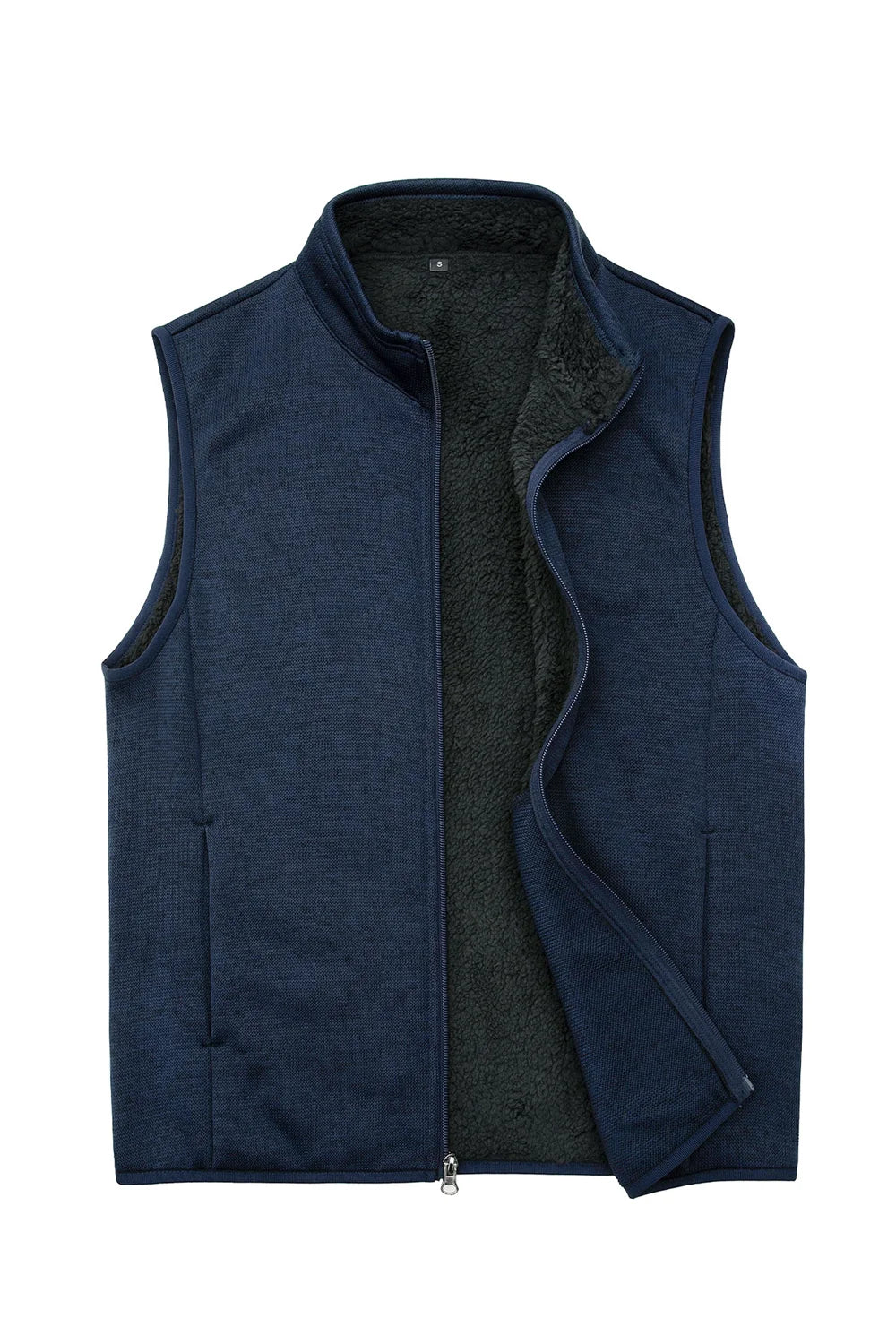 Men's sweater fleece vest with sherpa lining, full-zip closure, and stand-up collar, perfect for winter wear.