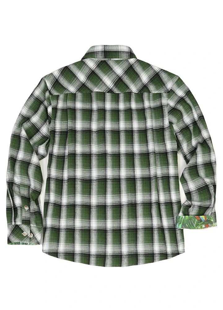 Men's Wildlife Adventure Flannel Plaid Shirt featuring hidden wildlife motifs and classic plaid design.