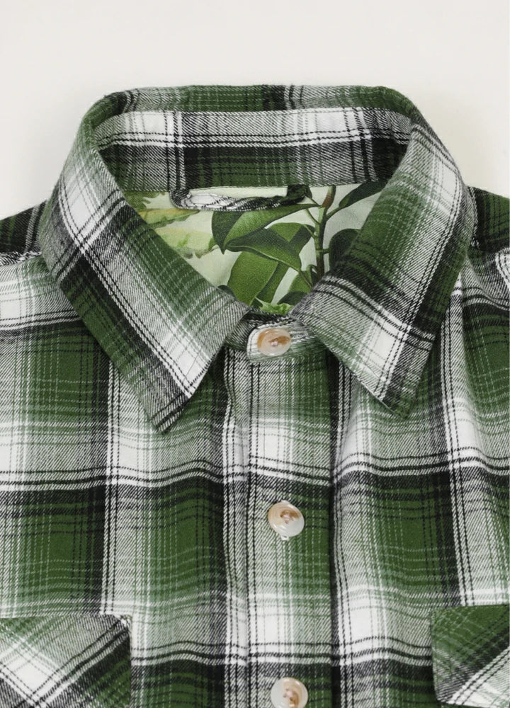 Men's Wildlife Adventure Flannel Plaid Shirt featuring hidden wildlife motifs and classic plaid design.