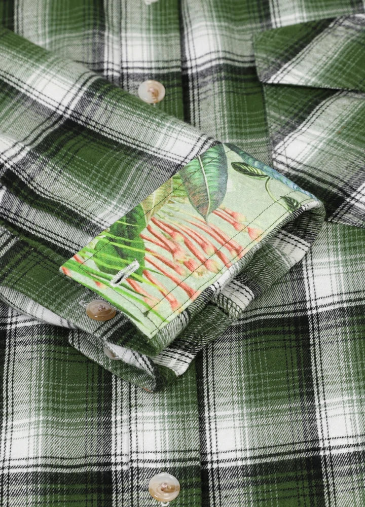 Men's Wildlife Adventure Flannel Plaid Shirt featuring hidden wildlife motifs and classic plaid design.