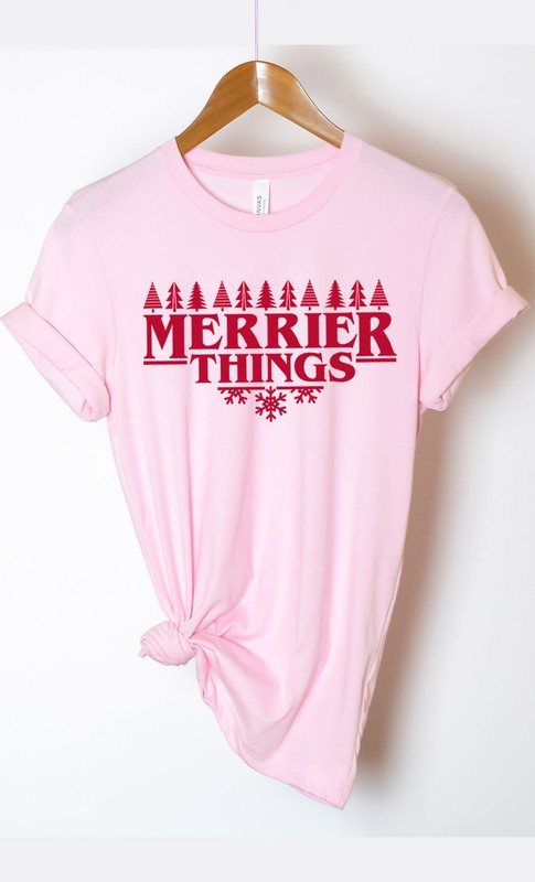 Merrier Things Festive Christmas PLUS Graphic Tee featuring a colorful holiday graphic design on a soft cotton blend fabric.