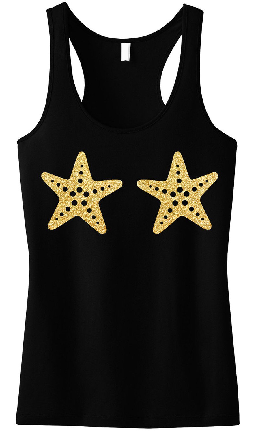 MERMAID Starfish Black Tank Top featuring a gold glitter starfish print, perfect for summer wear.