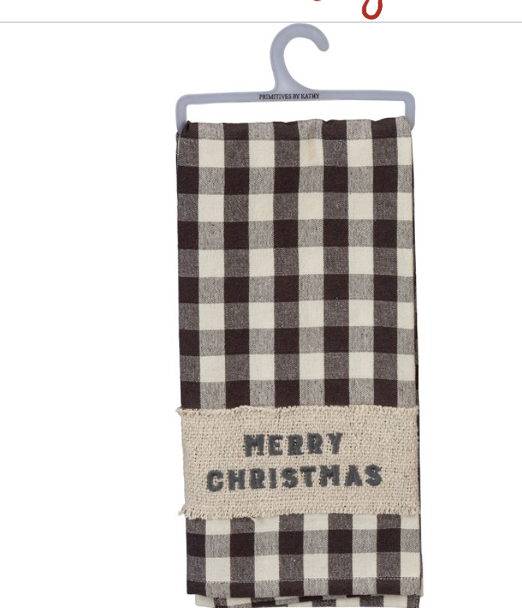 Merry Christmas Buffalo Plaid Tea Towel featuring embroidered text and checkered design, perfect for festive kitchens.