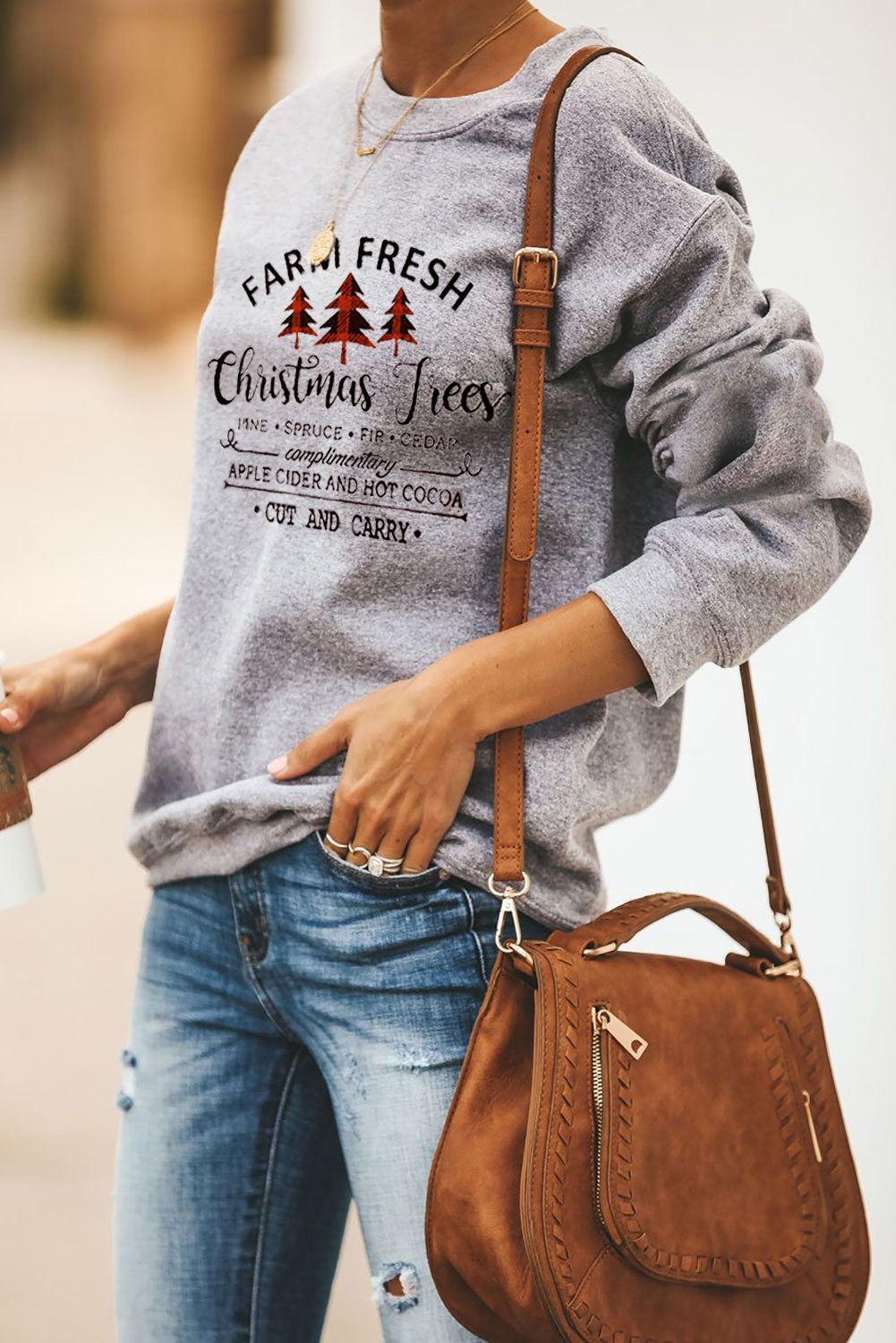 Merry Christmas Letters Print Pullover Sweatshirt featuring oversized fit, crew neck, and festive print, perfect for holiday wear.