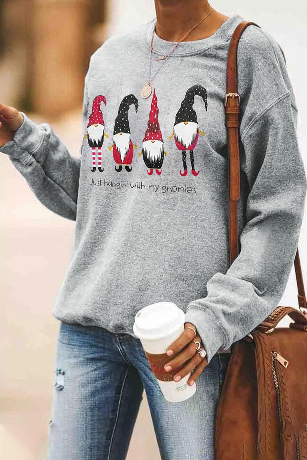 Merry Christmas Letters Print Pullover Sweatshirt featuring oversized fit, crew neck, and festive print, perfect for holiday wear.