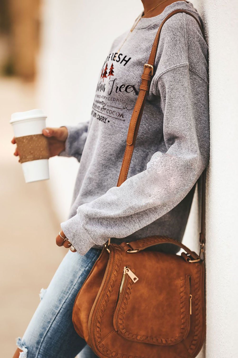 Merry Christmas Letters Print Pullover Sweatshirt featuring oversized fit, crew neck, and festive print, perfect for holiday wear.