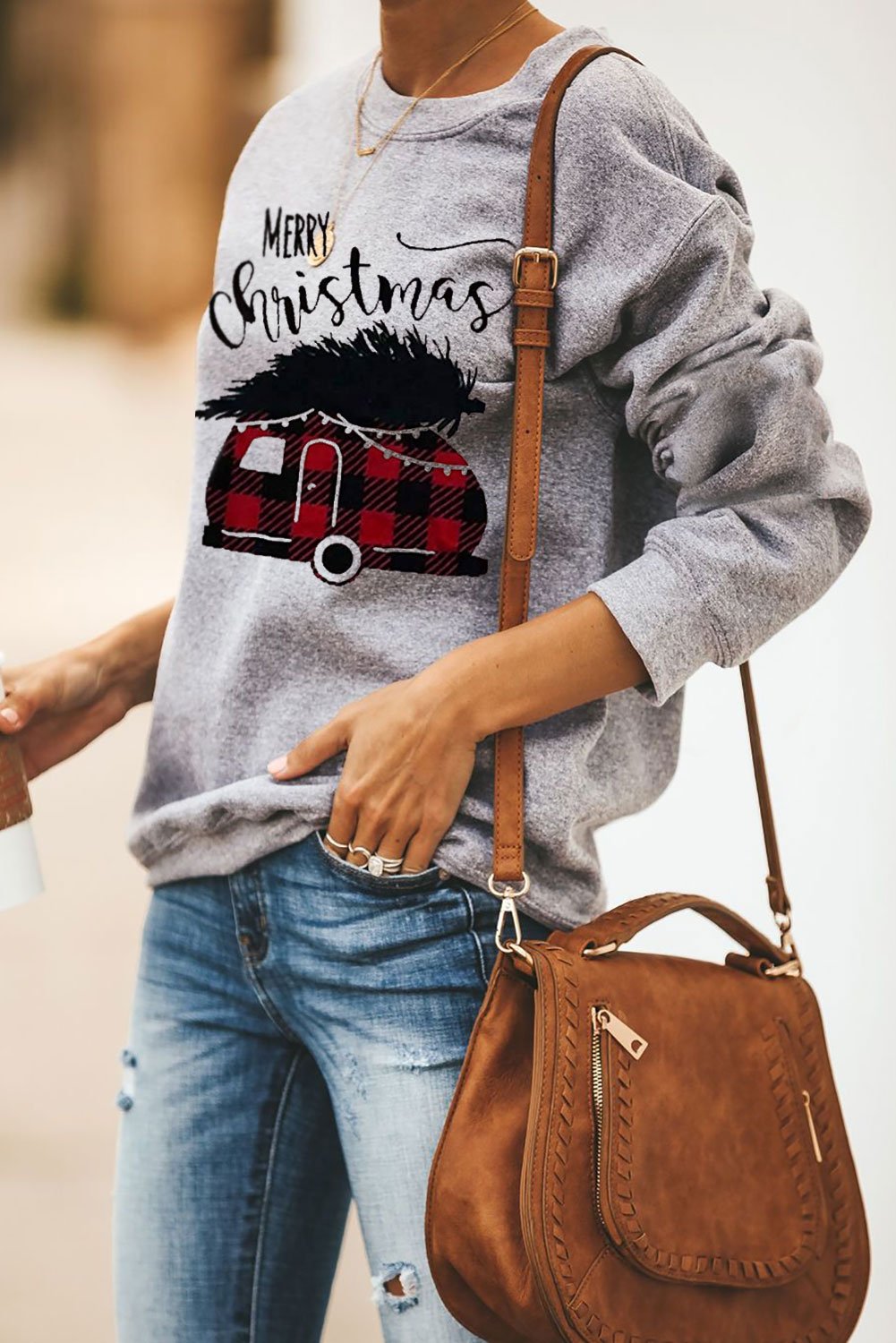 Merry Christmas Letters Print Pullover Sweatshirt featuring oversized fit, crew neck, and festive print, perfect for holiday wear.