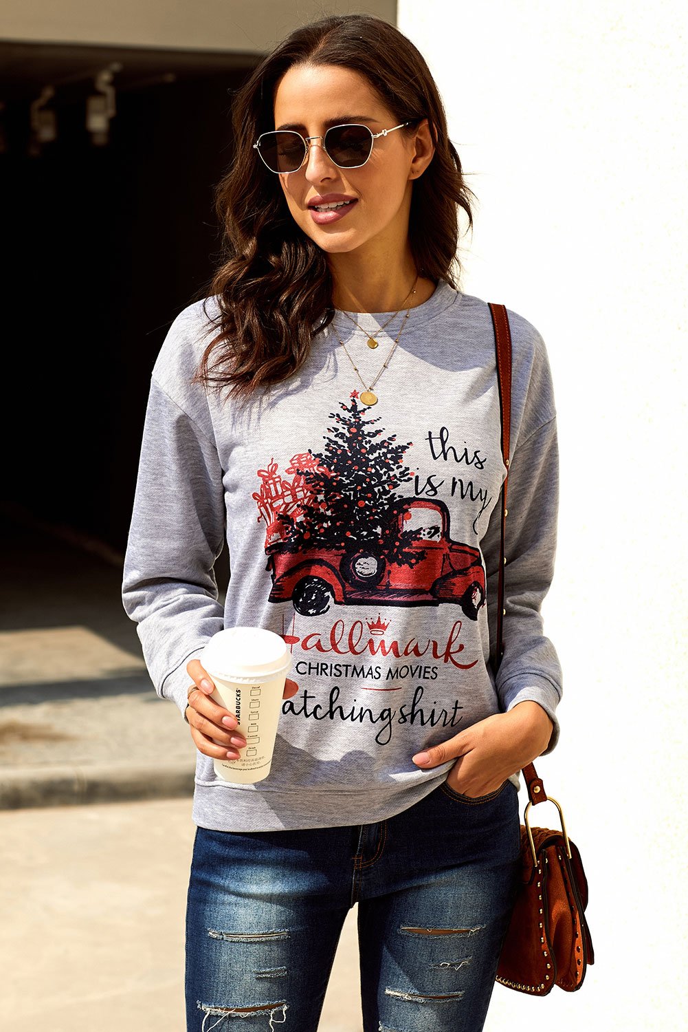 Merry Christmas Letters Print Pullover Sweatshirt featuring oversized fit, crew neck, and festive print, perfect for holiday wear.