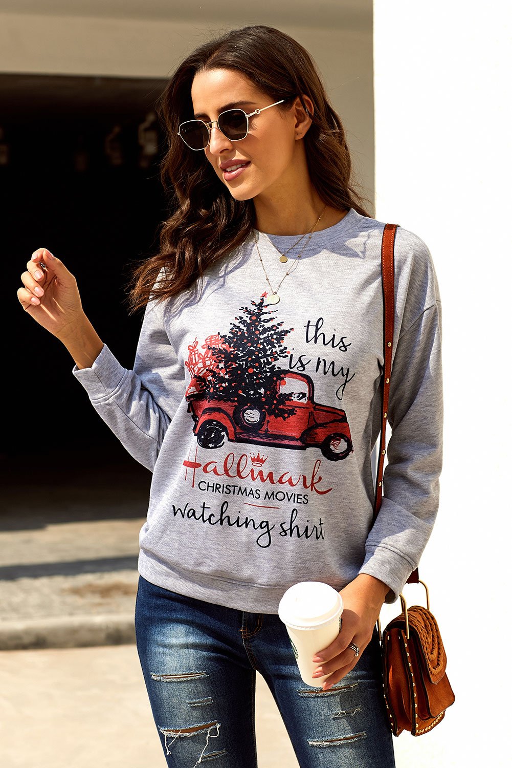 Merry Christmas Letters Print Pullover Sweatshirt featuring oversized fit, crew neck, and festive print, perfect for holiday wear.