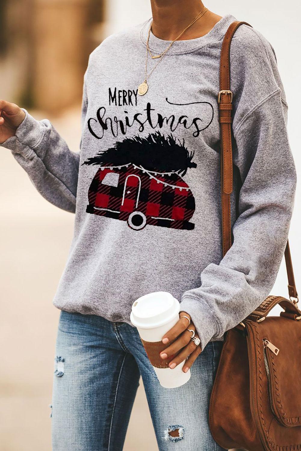 Merry Christmas Letters Print Pullover Sweatshirt featuring oversized fit, crew neck, and festive print, perfect for holiday wear.