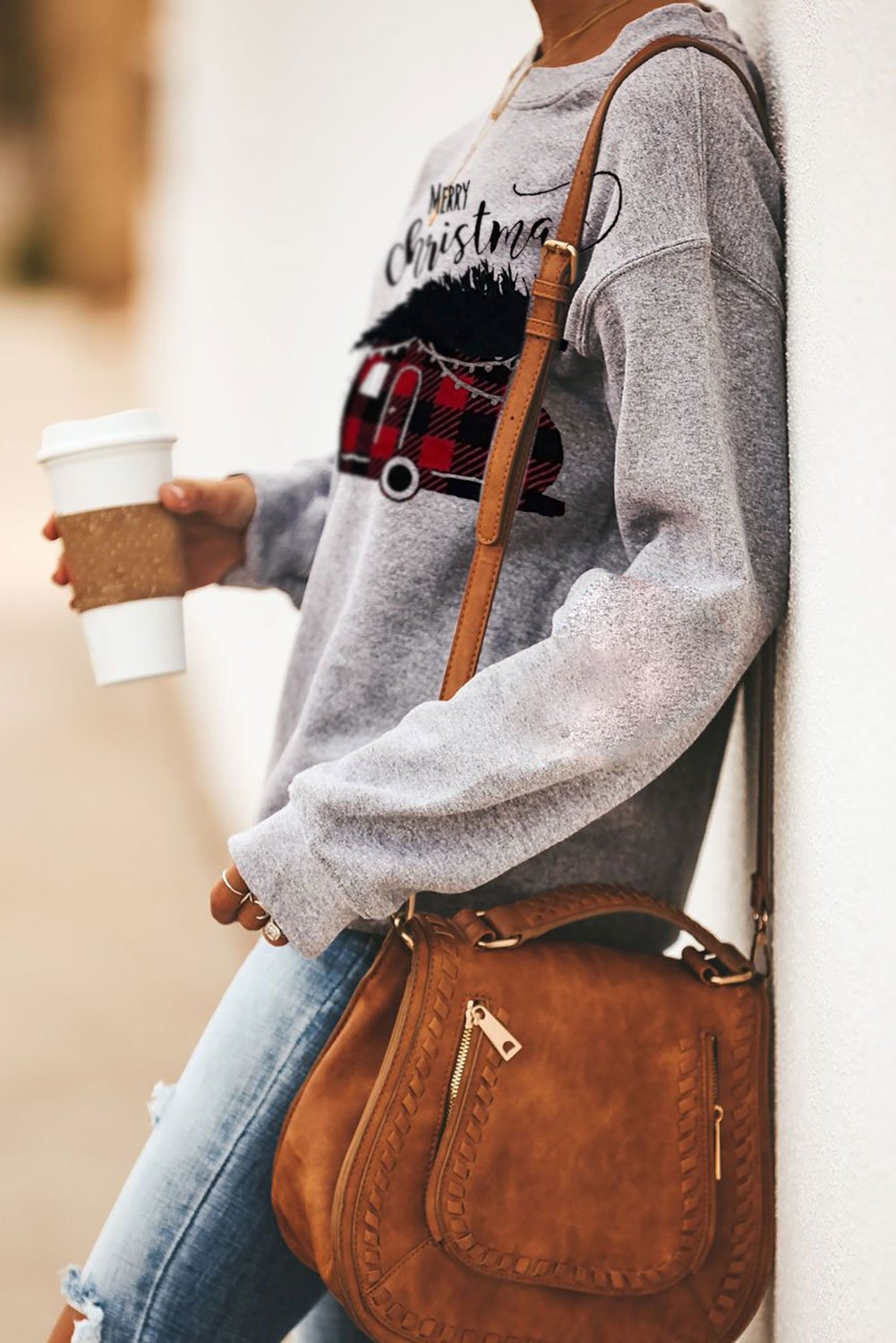 Merry Christmas Letters Print Pullover Sweatshirt featuring oversized fit, crew neck, and festive print, perfect for holiday wear.