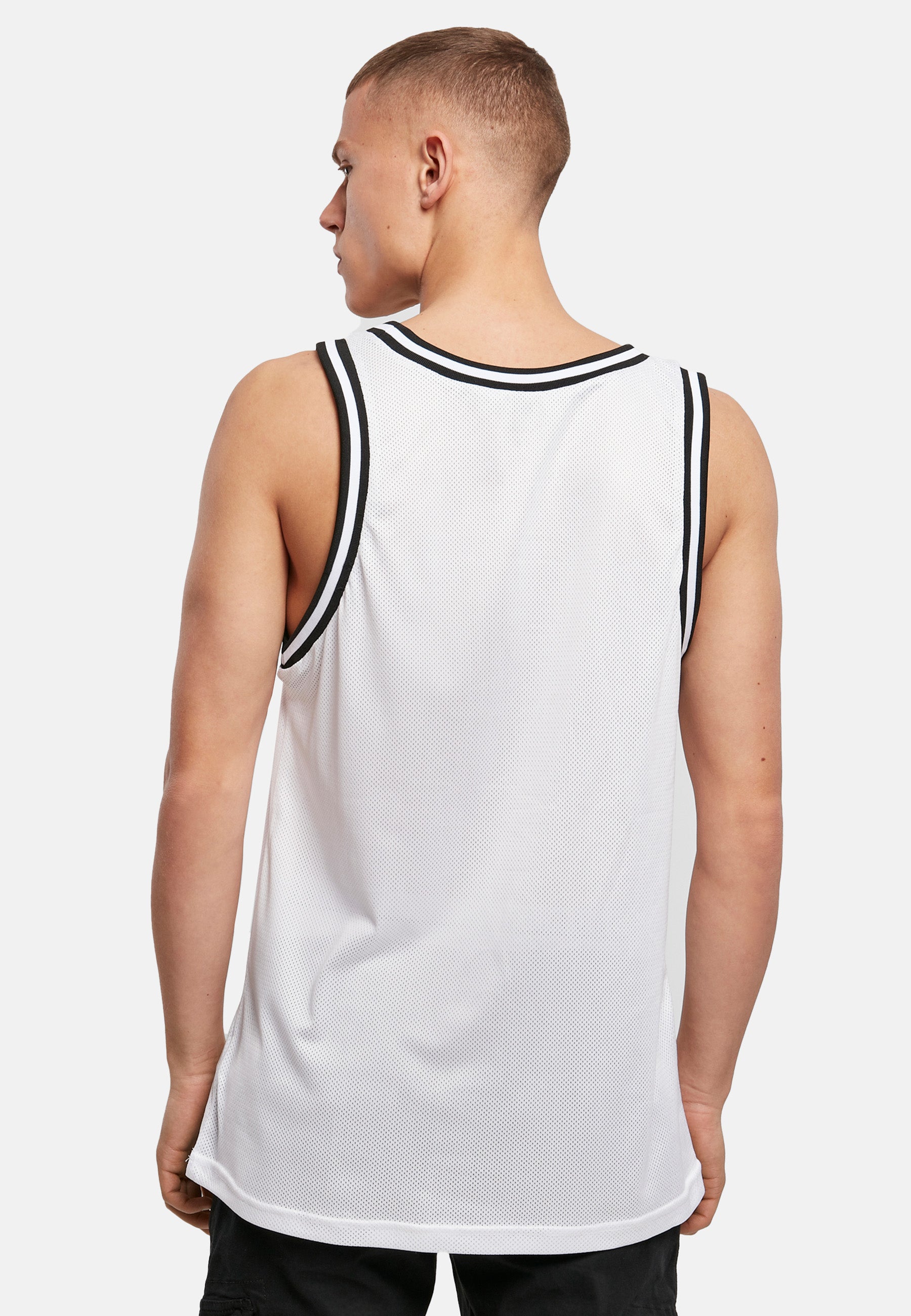 Weißes Mesh Tanktop für Herren mit ärmellosem Schnitt und ZREDCLO. Print, ideal für Training und Freizeit.