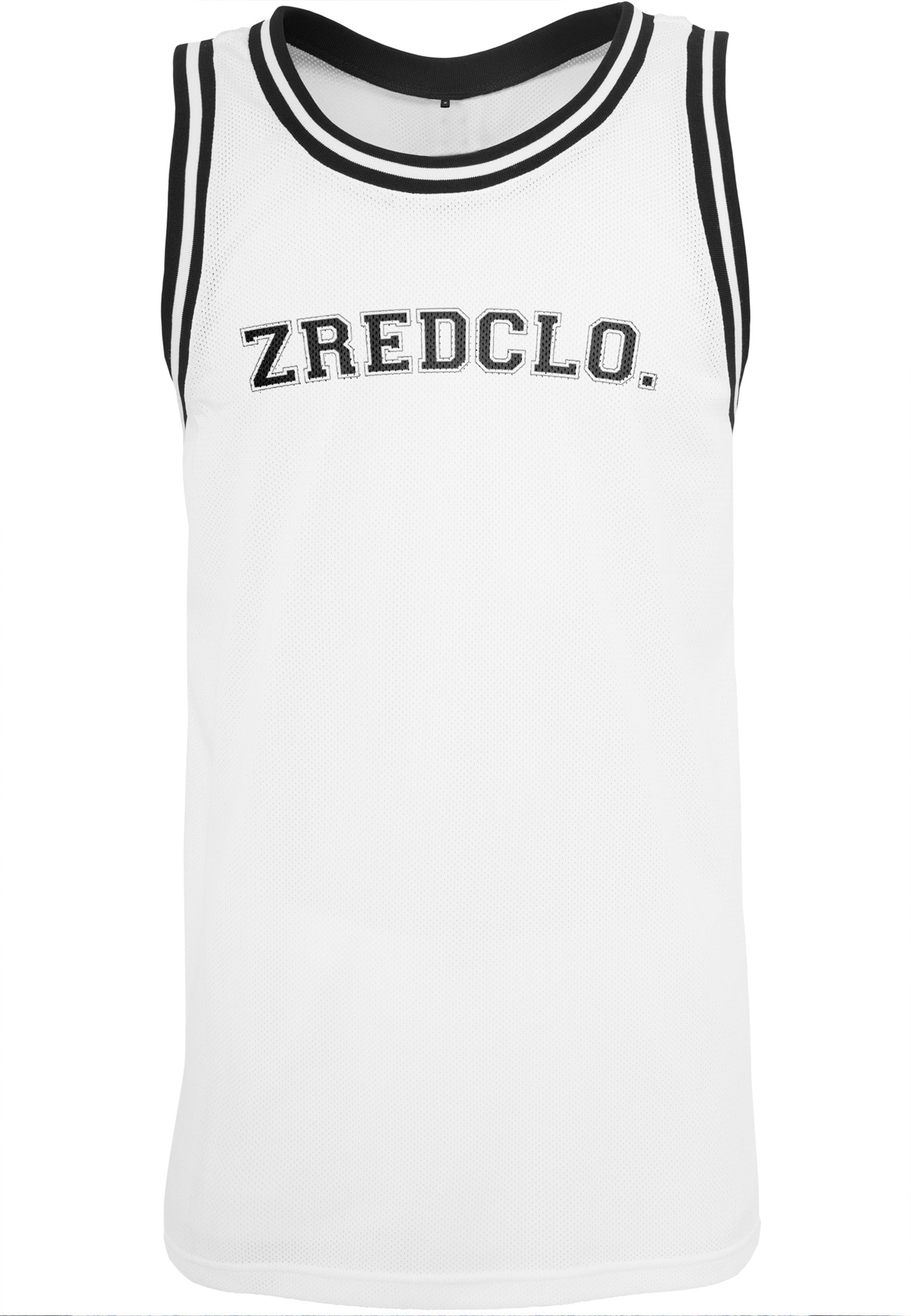 Weißes Mesh Tanktop für Herren mit ärmellosem Schnitt und ZREDCLO. Print, ideal für Training und Freizeit.