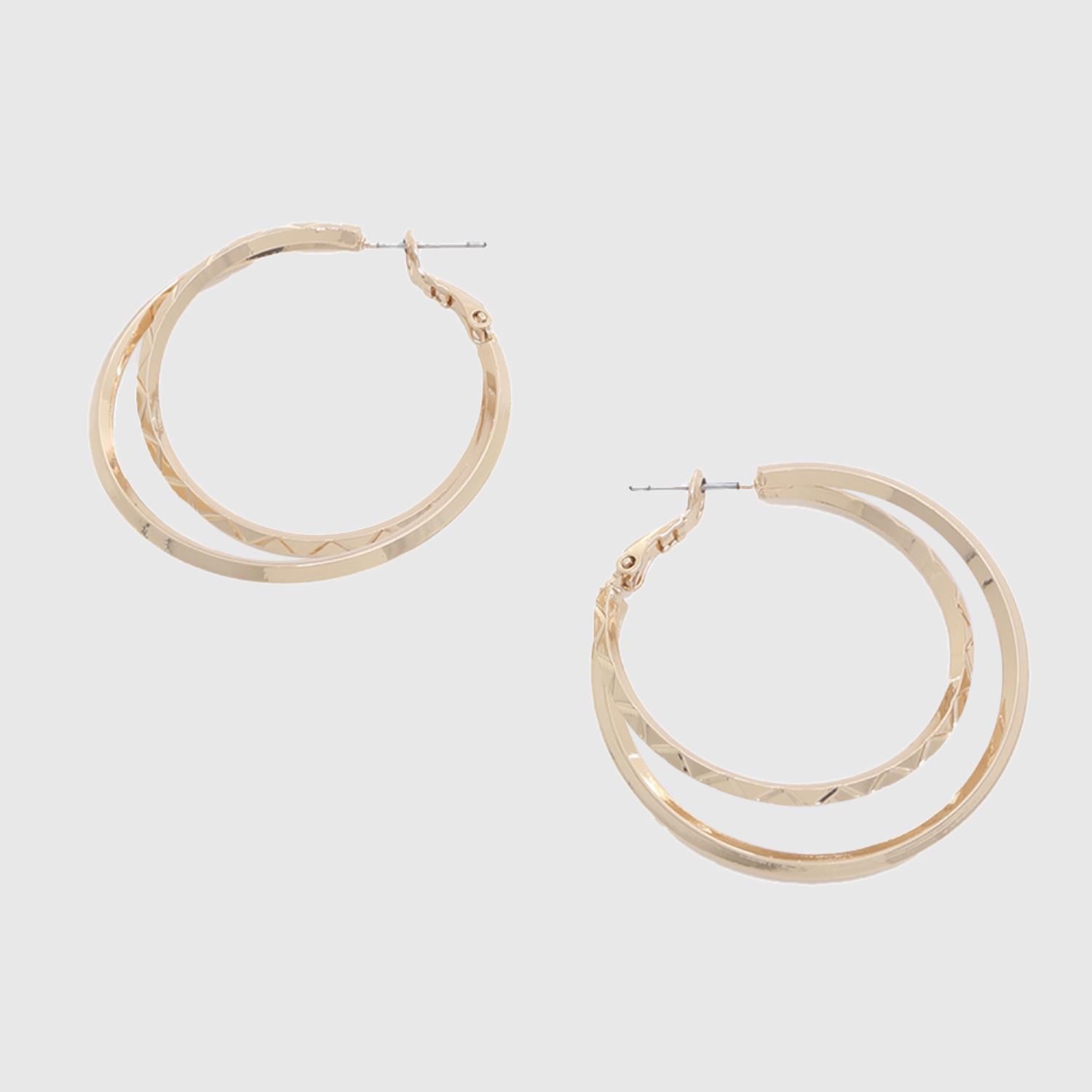 Stylish Metal Double Hoop Earring in gold and rhodium, showcasing a unique double hoop design.