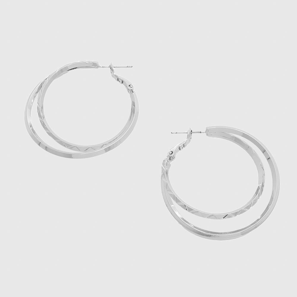 Stylish Metal Double Hoop Earring in gold and rhodium, showcasing a unique double hoop design.