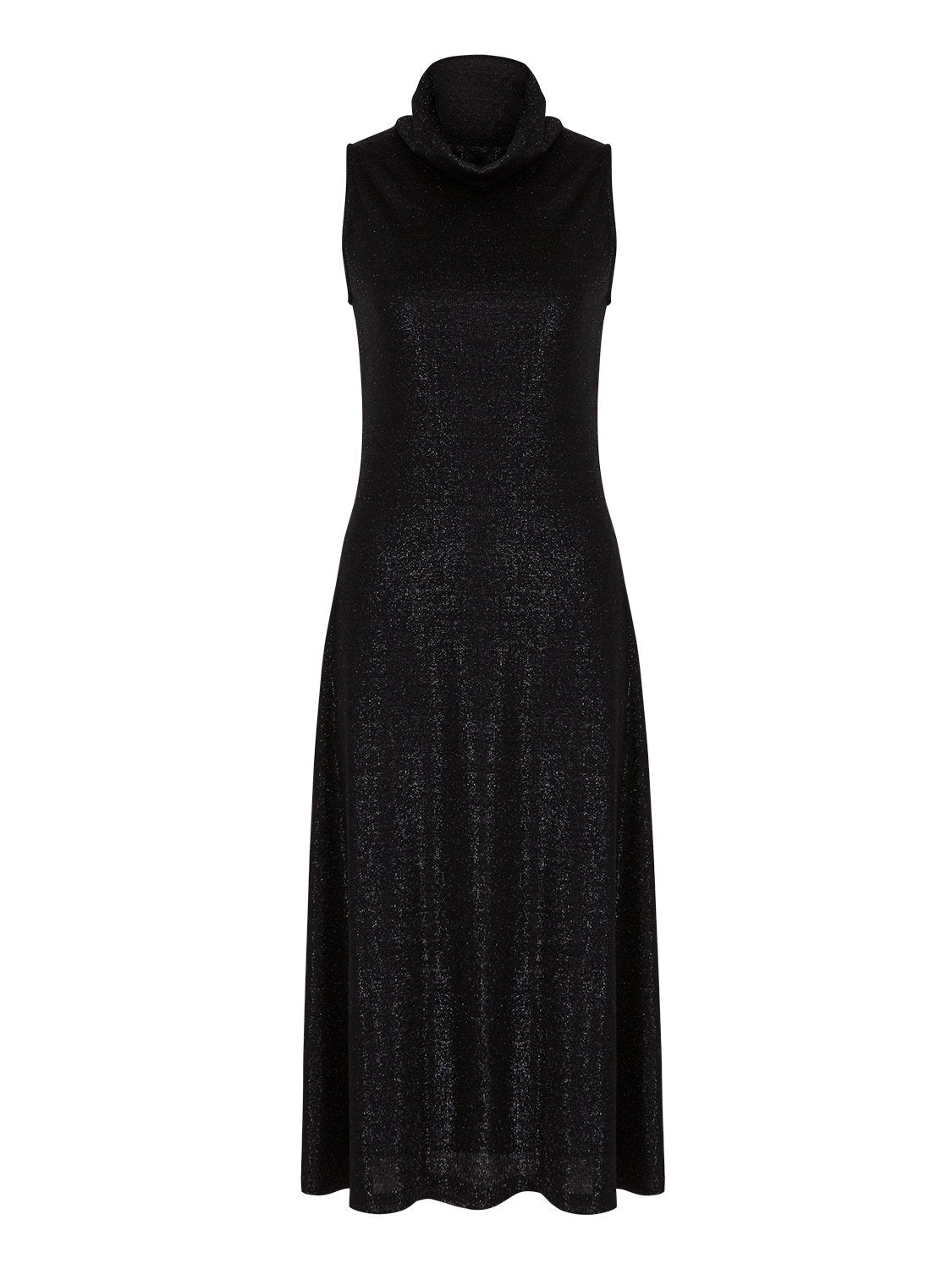 A stylish ankle-length metallic knit dress with a flowy neckline, perfect for elegant occasions.