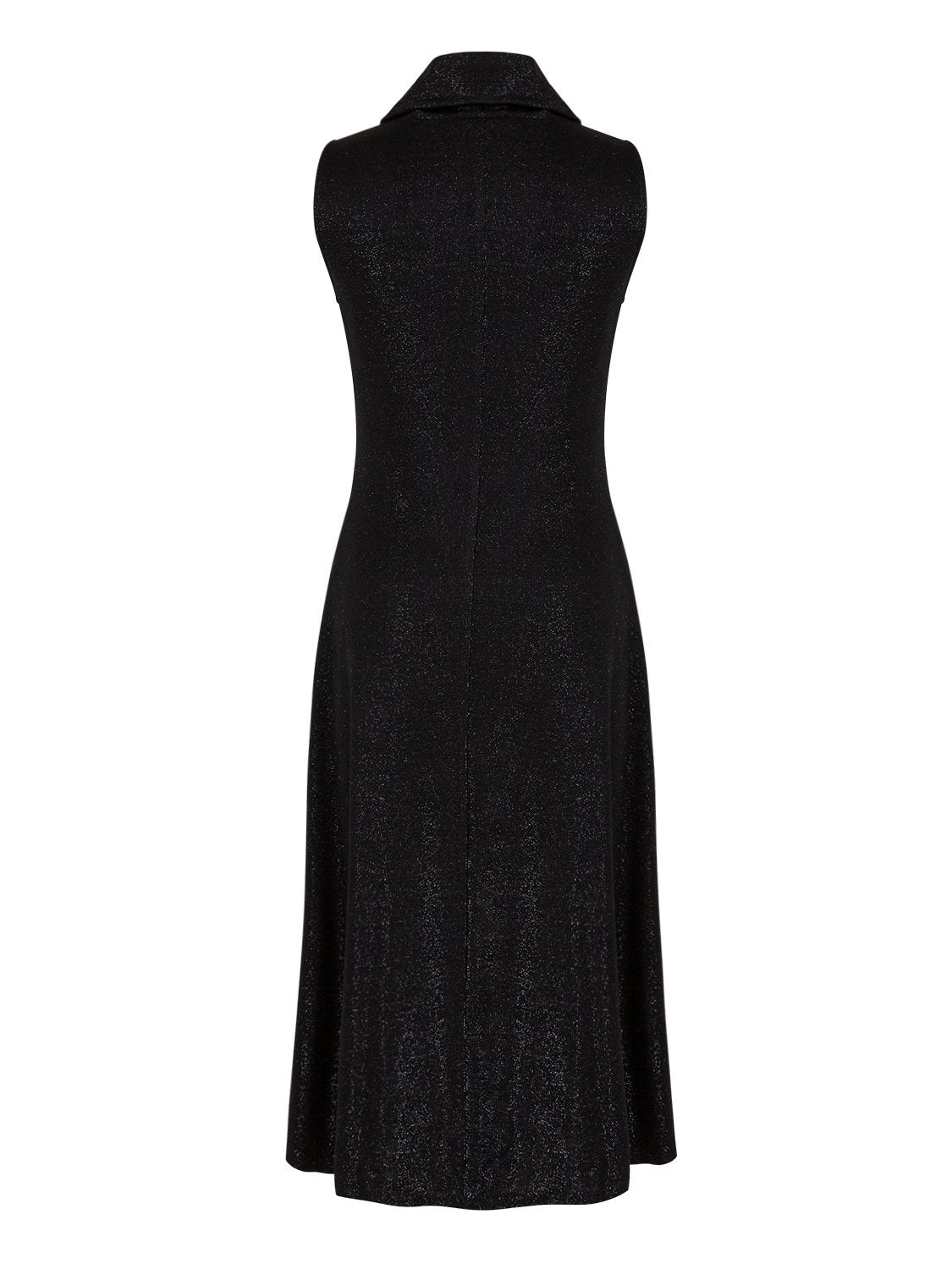 A stylish ankle-length metallic knit dress with a flowy neckline, perfect for elegant occasions.