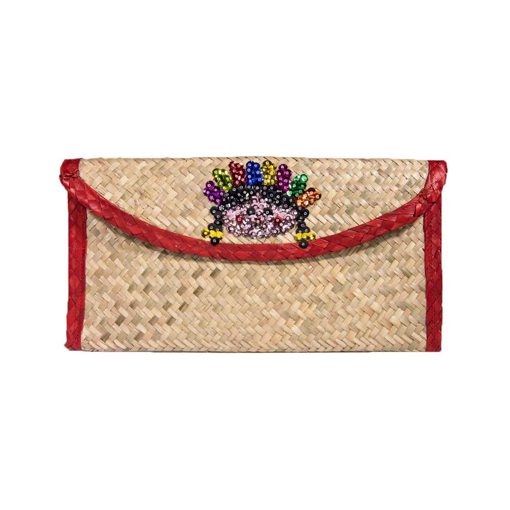 Handcrafted Mexican Embroidery Sequin Small Bag made from natural palm leaves, featuring vibrant geometric patterns and intricate beadwork.