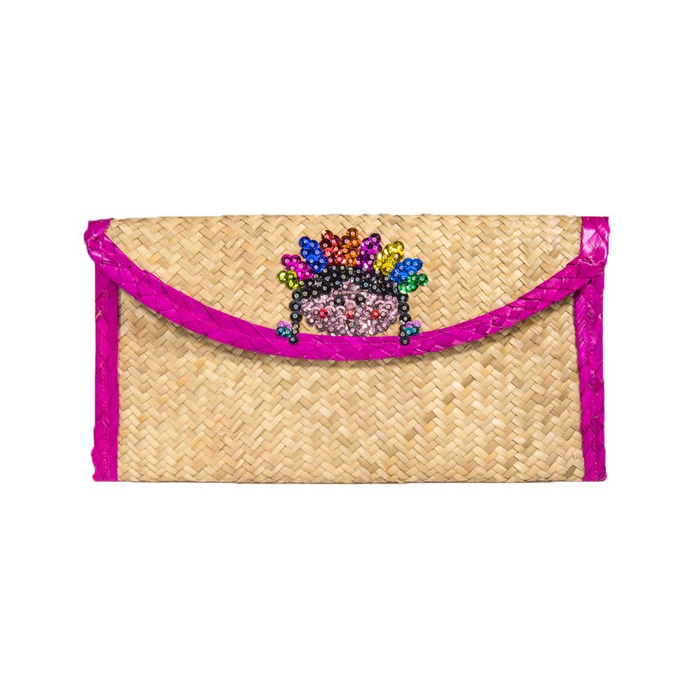 Handcrafted Mexican Embroidery Sequin Small Bag made from natural palm leaves, featuring vibrant geometric patterns and intricate beadwork.