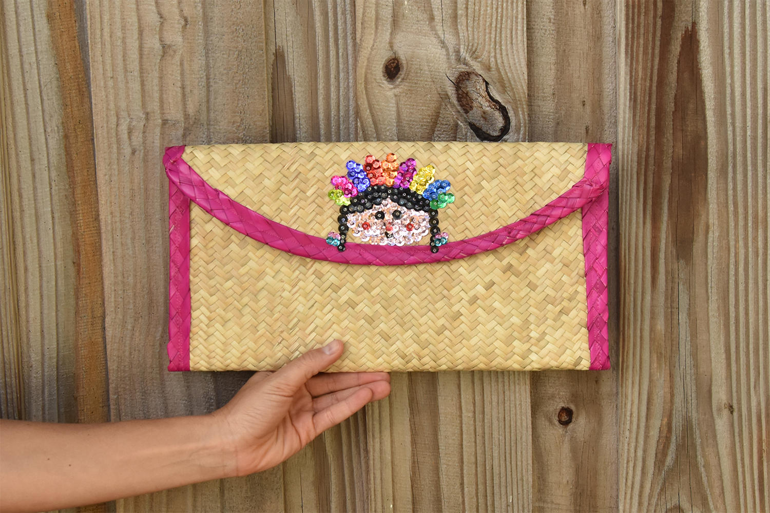 Handcrafted Mexican Embroidery Sequin Small Bag made from natural palm leaves, featuring vibrant geometric patterns and intricate beadwork.