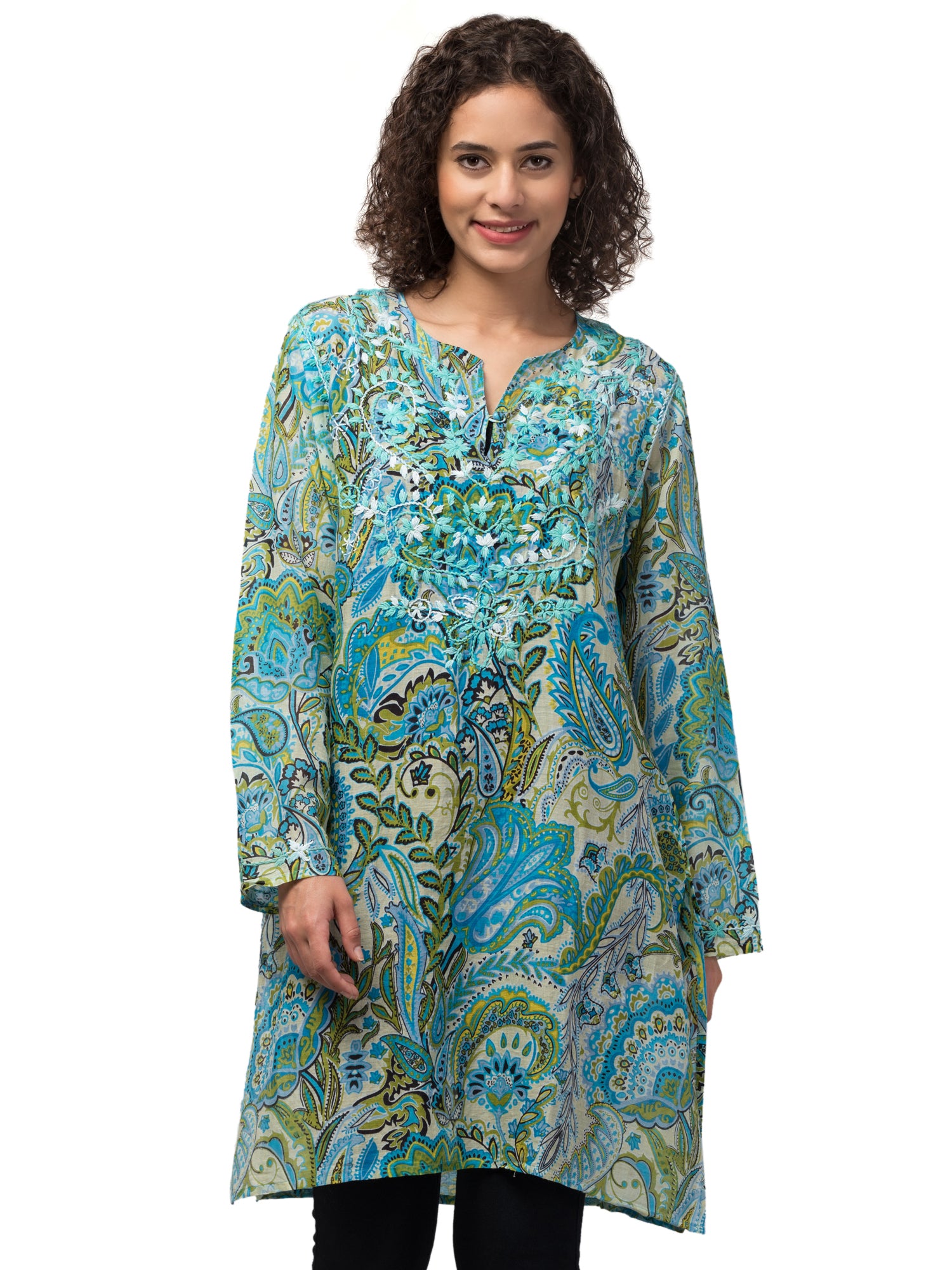 Mia Magic Blue Tunic Top featuring vibrant blue color and intricate hand-embroidered detailing, showcasing traditional Indian craftsmanship.