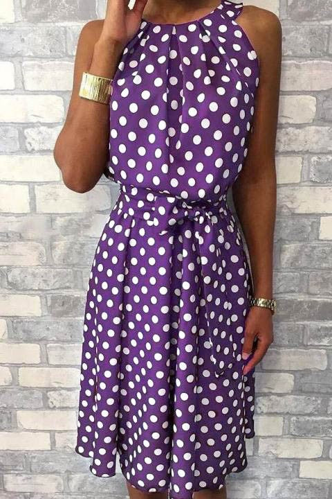 Lilac midi dress with a playful dot print, featuring a round collar, sleeveless design, and a decorative waist tie.