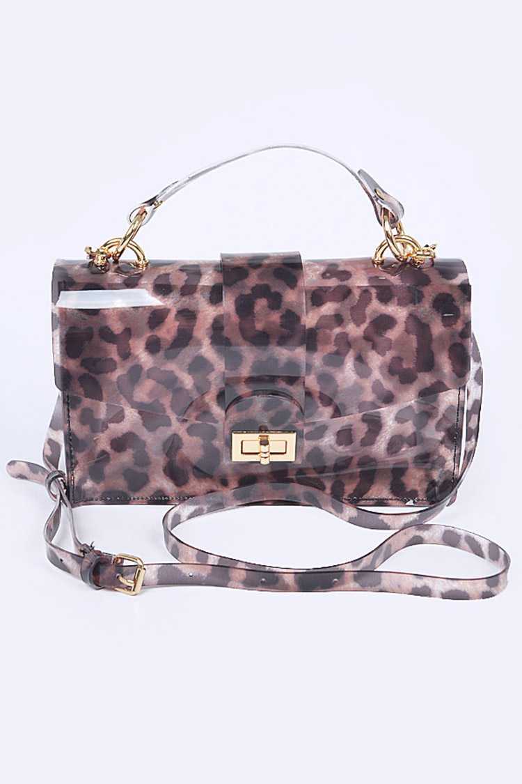 Miliani Leopard Handbag featuring a chic leopard print design, compact size, and included shoulder strap, made from durable PVC.