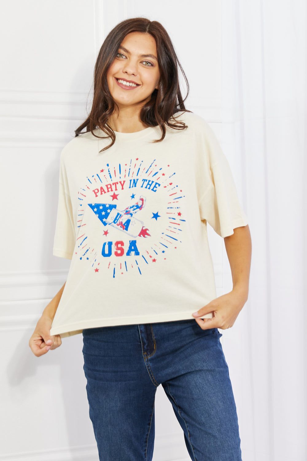 mineB Party In The USA Graphic Crop Top featuring bold letters and patriotic design.