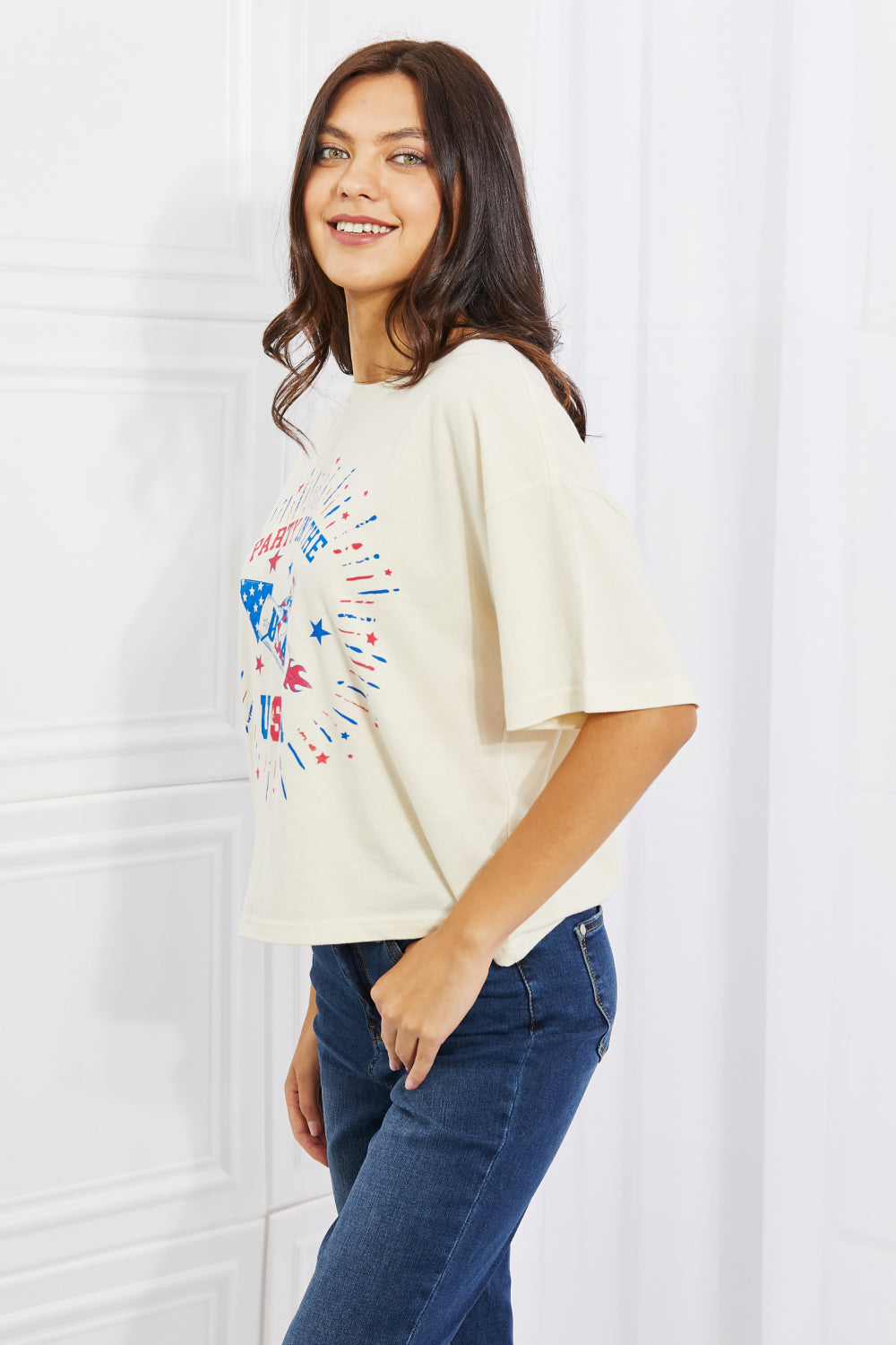 mineB Party In The USA Graphic Crop Top featuring bold letters and patriotic design.