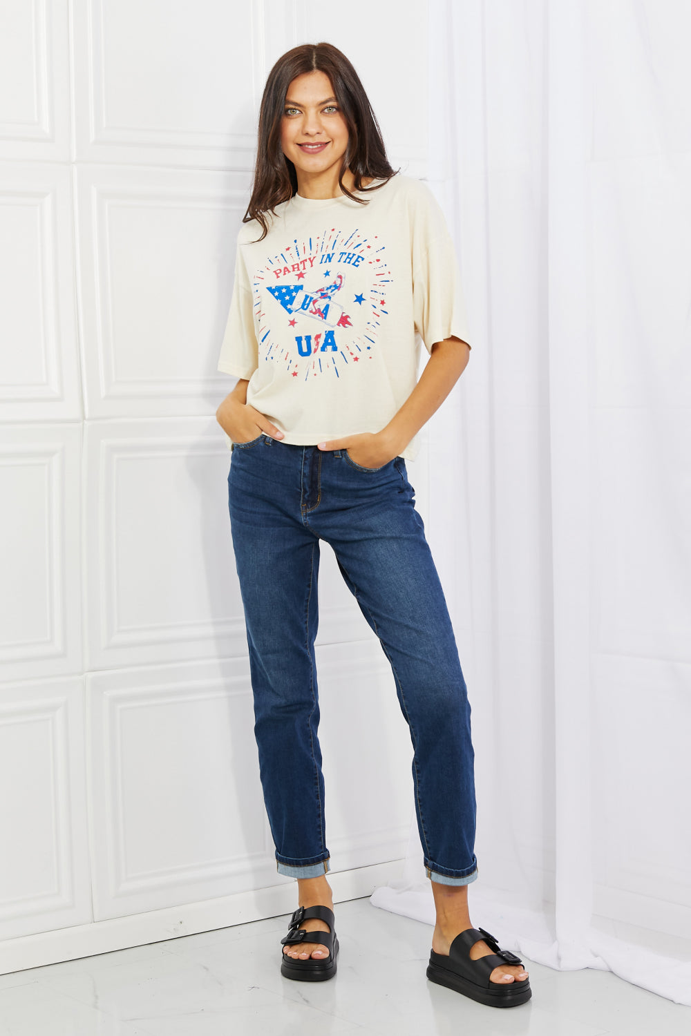 mineB Party In The USA Graphic Crop Top featuring bold letters and patriotic design.