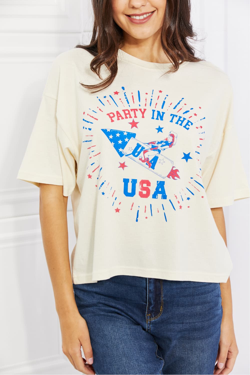 mineB Party In The USA Graphic Crop Top featuring bold letters and patriotic design.