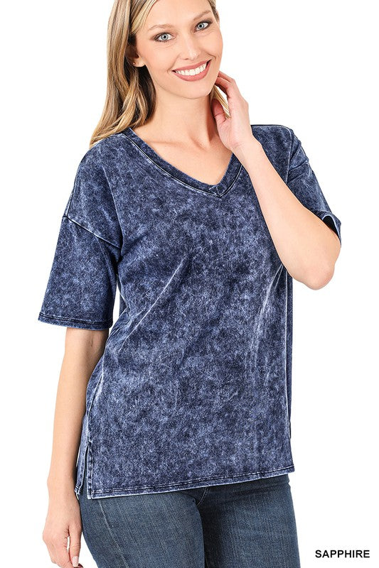 Mineral Wash Drop Shoulder V-neck Side Slit Top in vibrant colors with rolled short sleeves and side slits, showcasing a stylish and comfortable design.