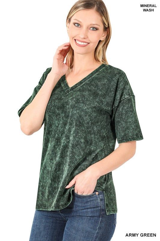 Mineral Wash Drop Shoulder V-neck Side Slit Top in vibrant colors with rolled short sleeves and side slits, showcasing a stylish and comfortable design.