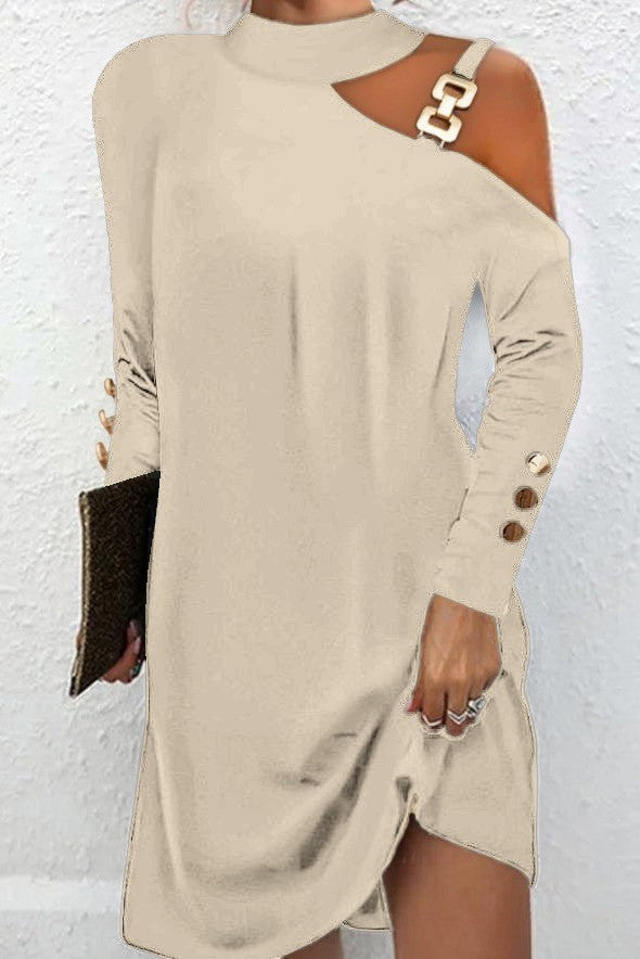 Beige mini dress with metallic detail, featuring off-the-shoulder neckline and long sleeves with decorative buttons.