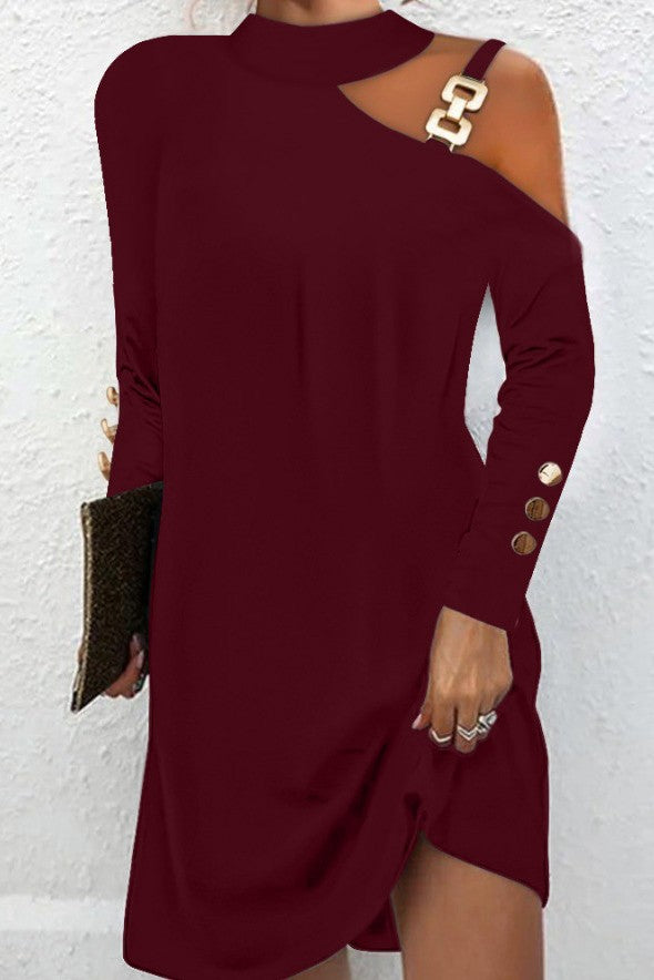 Burgundy mini dress with metallic detail, featuring an off-the-shoulder neckline and long sleeves with decorative buttons.