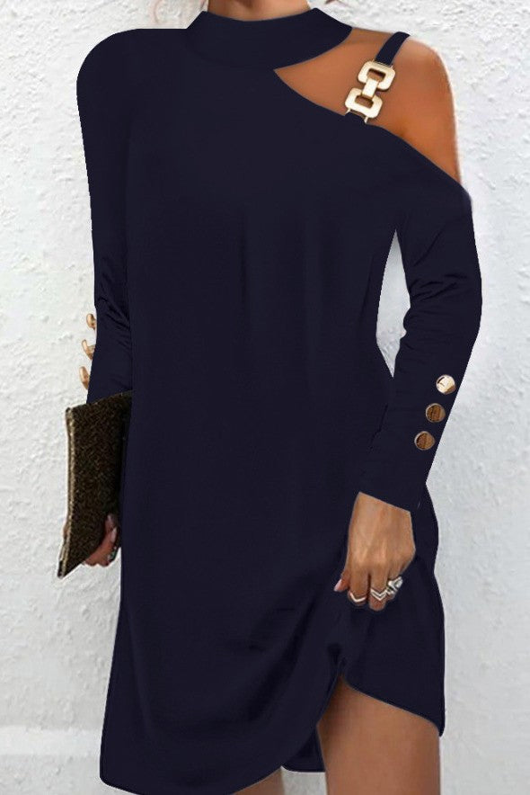 Dark blue mini dress featuring metallic detail, off-the-shoulder neckline, and long sleeves with decorative buttons.