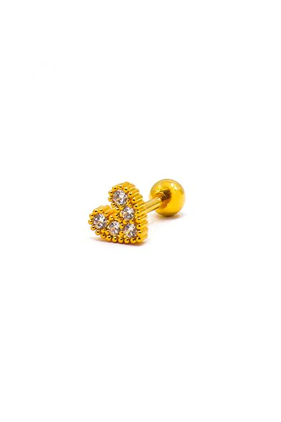 Mini elegant heart-shaped earring in gold color with rhinestones, showcasing its delicate design and craftsmanship.